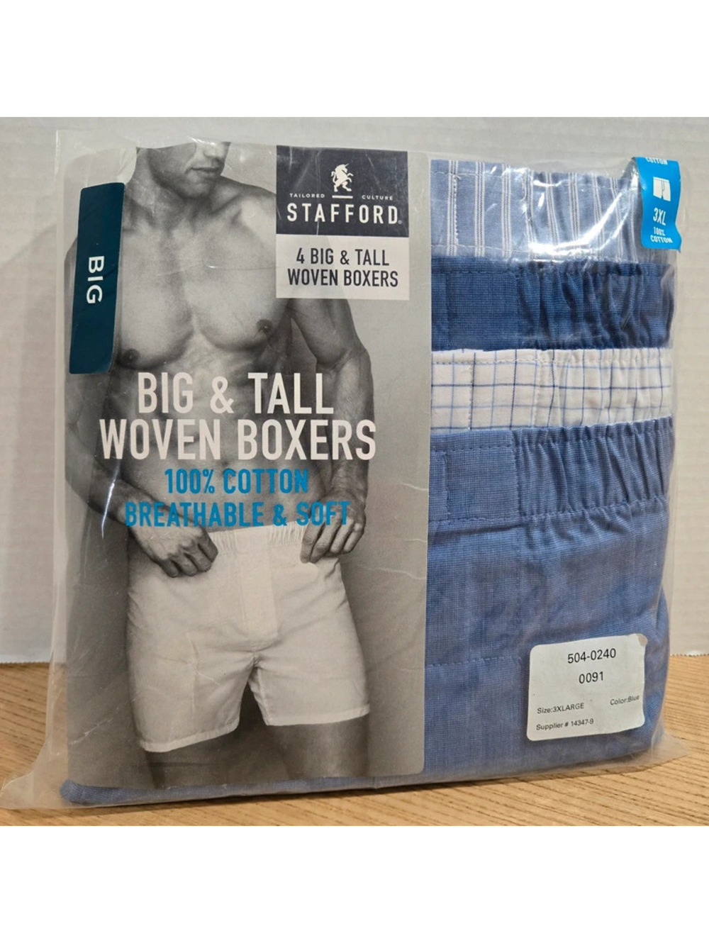 Pack of 4 Stafford Men's Size 3XL Big & Tall Woven Boxers Cotton Blue and White